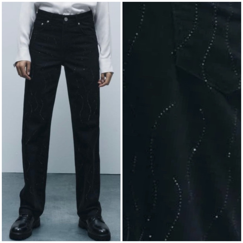 New Zara Straight Cut Mid Rise Black Rhinestone Jeans 2553/245 Size 6
